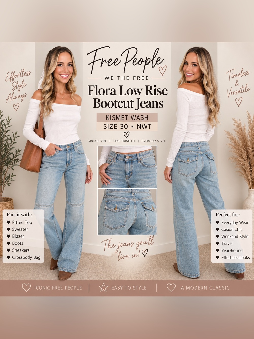 Free People-We The Free Flora Low Rise‎ Bootcut-NWT-size 30